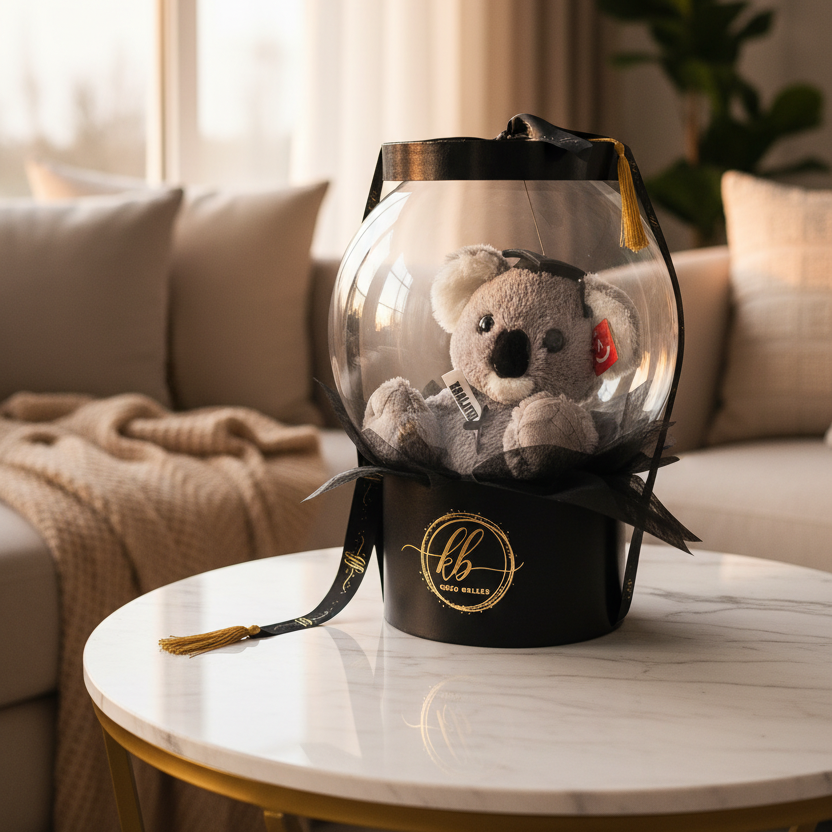 Elegant 20-inch clear balloon stuffed with a grey plush koala bear, styled with black tulle and a luxury black and gold branded gift box base.