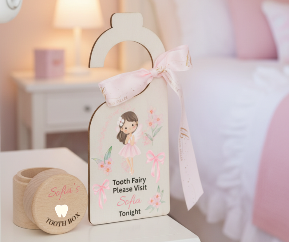 Personalized Tooth Fairy Set - Wooden Box & Matching Door Hanger