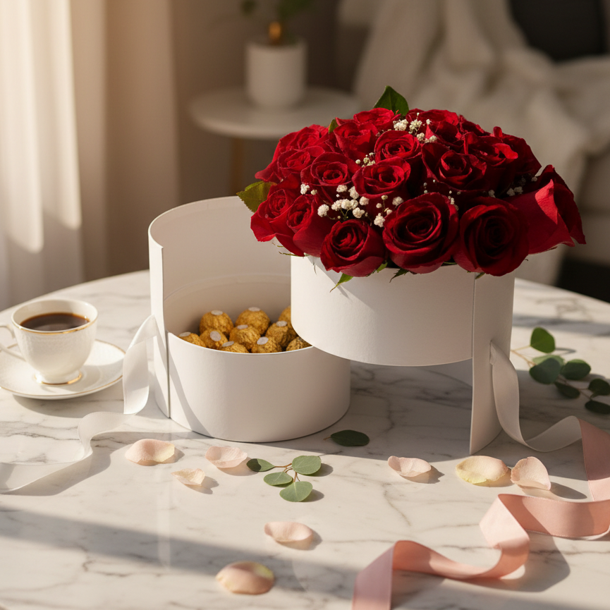 Luxury Round two-drawer Roses and Ferrero Rocher Gift Box lifestyle image