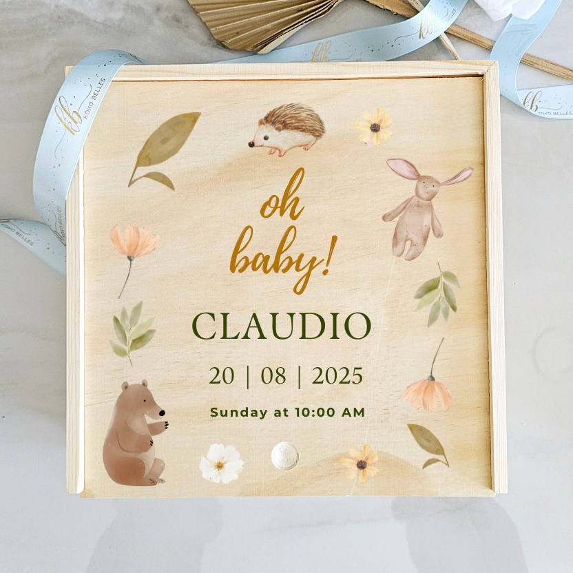Personalized Baby Birth Stat Keepsake Box - Whimsical Meadow Friends