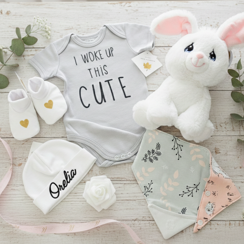 Baby clothing and plush toy set on a wooden surface with greenery