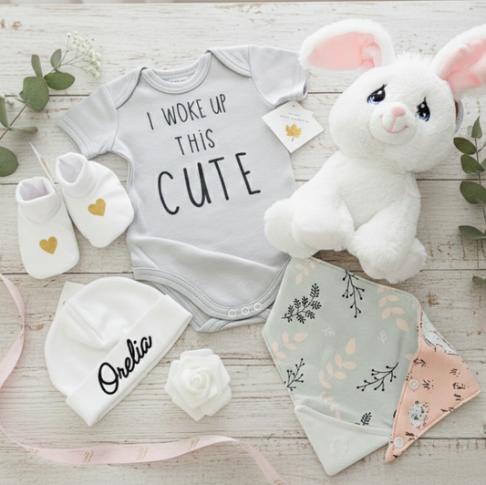 Baby clothing and plush toy set on a wooden surface with greenery
