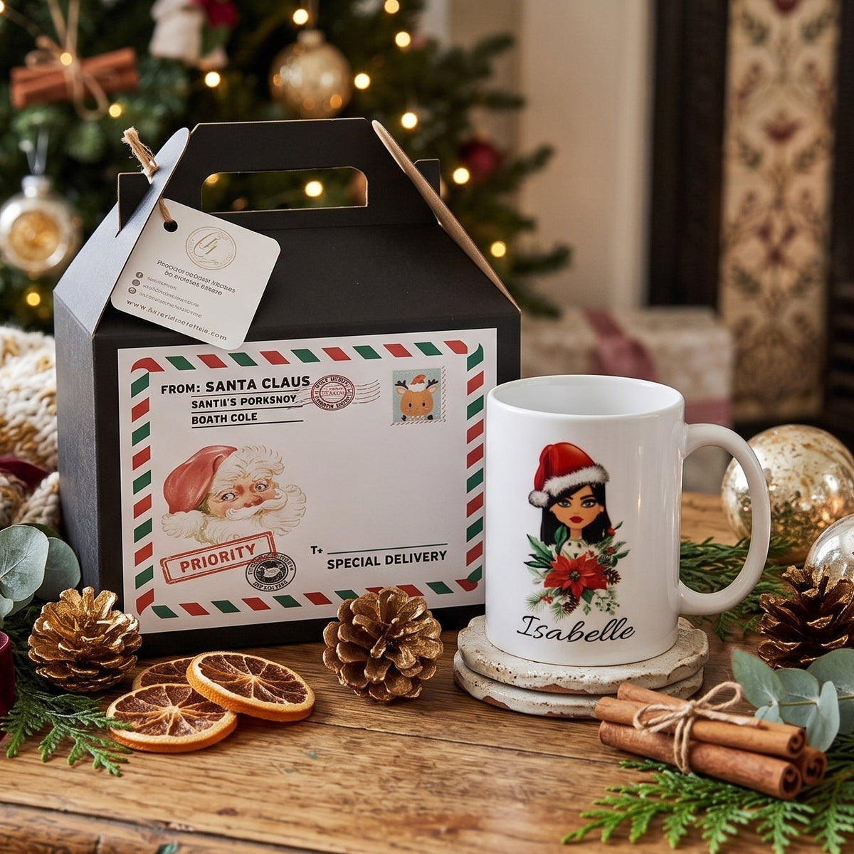 A festive Christmas-themed gift set featuring a white ceramic mug with a Santa Claus illustration and the name 'Isabella', presented in a black gift box with an airmail-style design. The scene is styled on a wooden table with a knitted cream throw blanket, pinecones, dried orange slices, cinnamon sticks, eucalyptus leaves, and lit candles, with a decorated Christmas tree and a burning fireplace in the background.