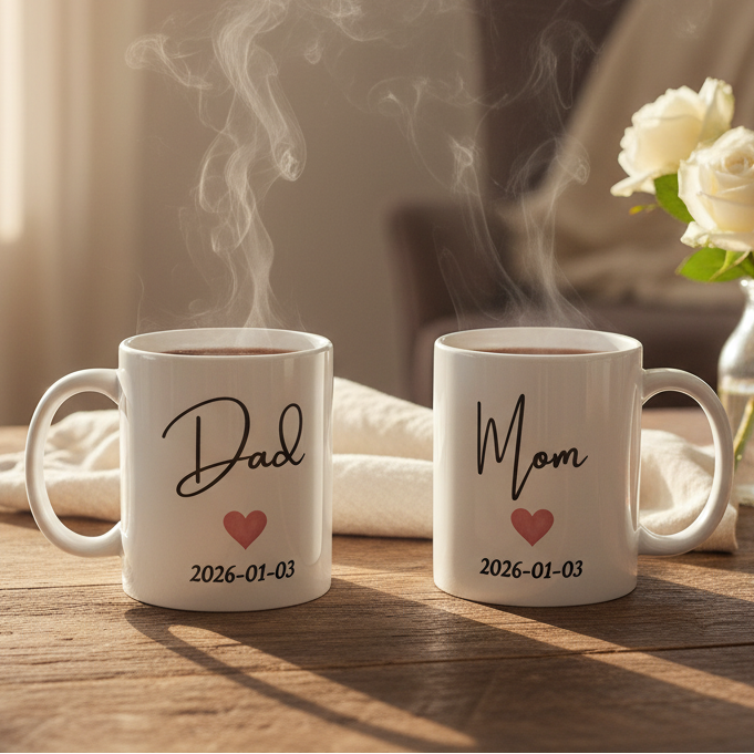 Two mugs labeled 'Dad' and 'Mom' with steam, flowers, and a book on a wooden table.