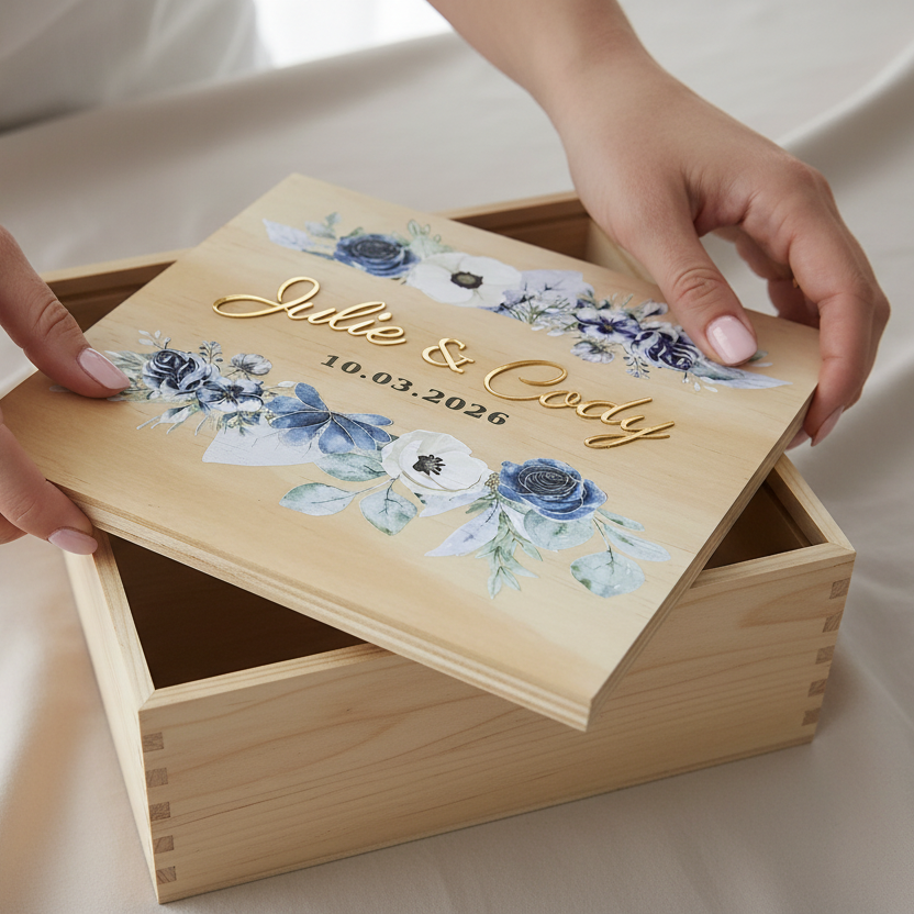 Personalized Wedding Keepsake Box with Hands Opening