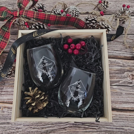 Wine and Whiskey Glass Gift Set with Engraved Wooden Box