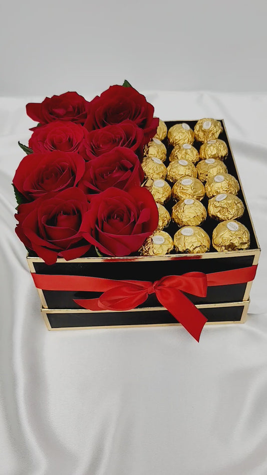 Roses & Ferrero Rocher in square Box