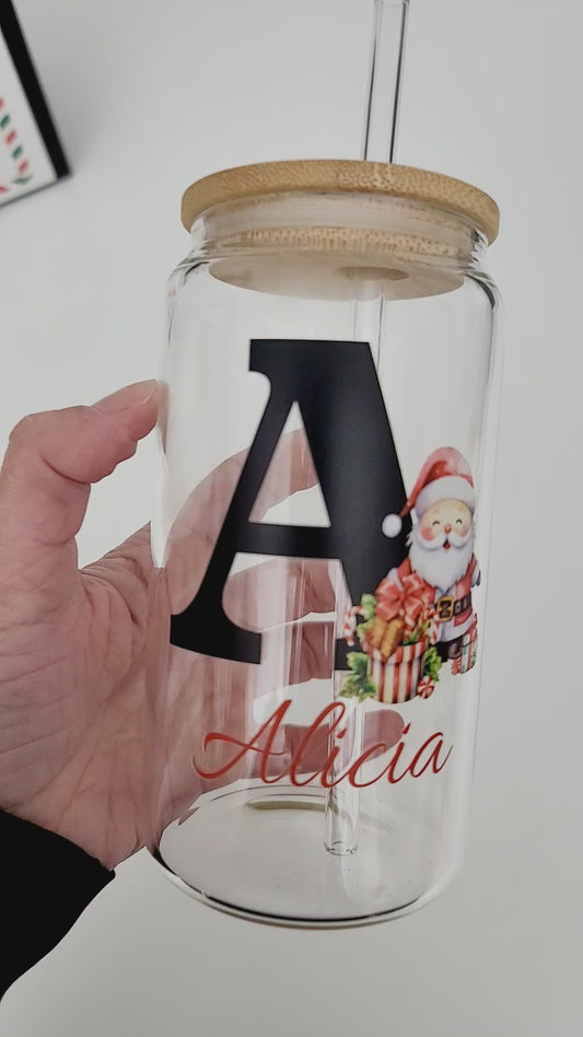 Christmas themed Glass Can Cup with Lid and Straw