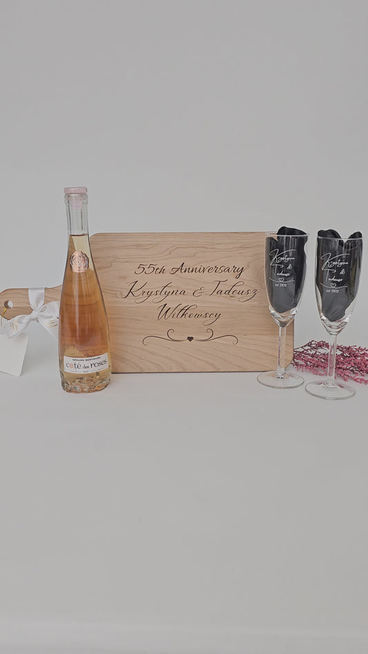 Custom Engraved Cutting Board & Two Champagne Glasses
