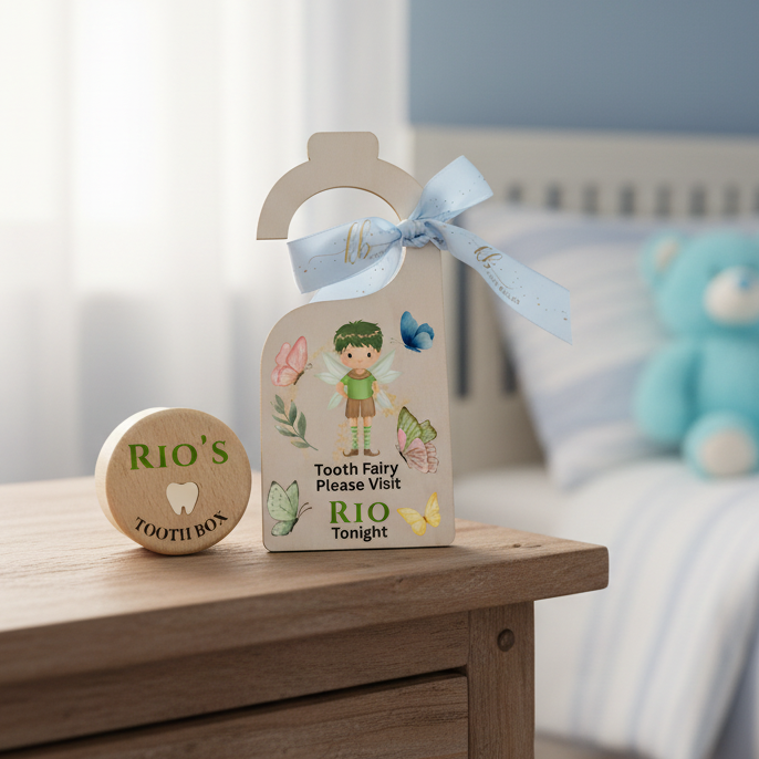 Personalized Tooth Fairy Set - Wooden Box & Matching Door Hanger