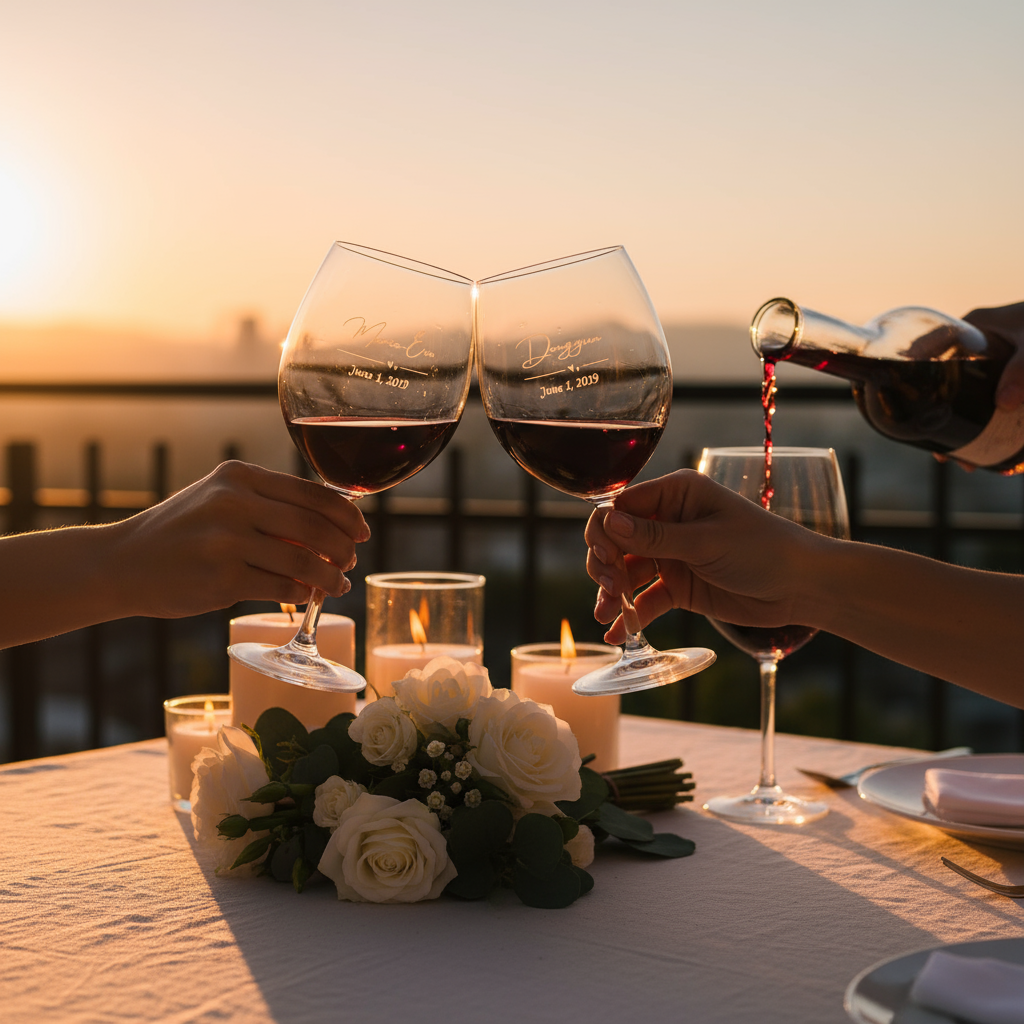 Two people toasting with wine glasses at a sunset dinner table.