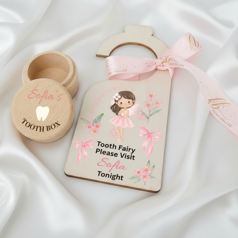 Personalized girl's tooth fairy set featuring an engraved wooden box and a pink fairy door hanger for Sofia