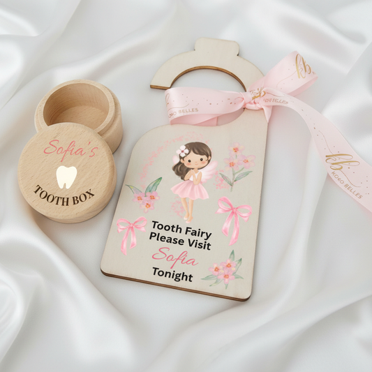 Personalized girl's tooth fairy set featuring an engraved wooden box and a pink fairy door hanger for Sofia